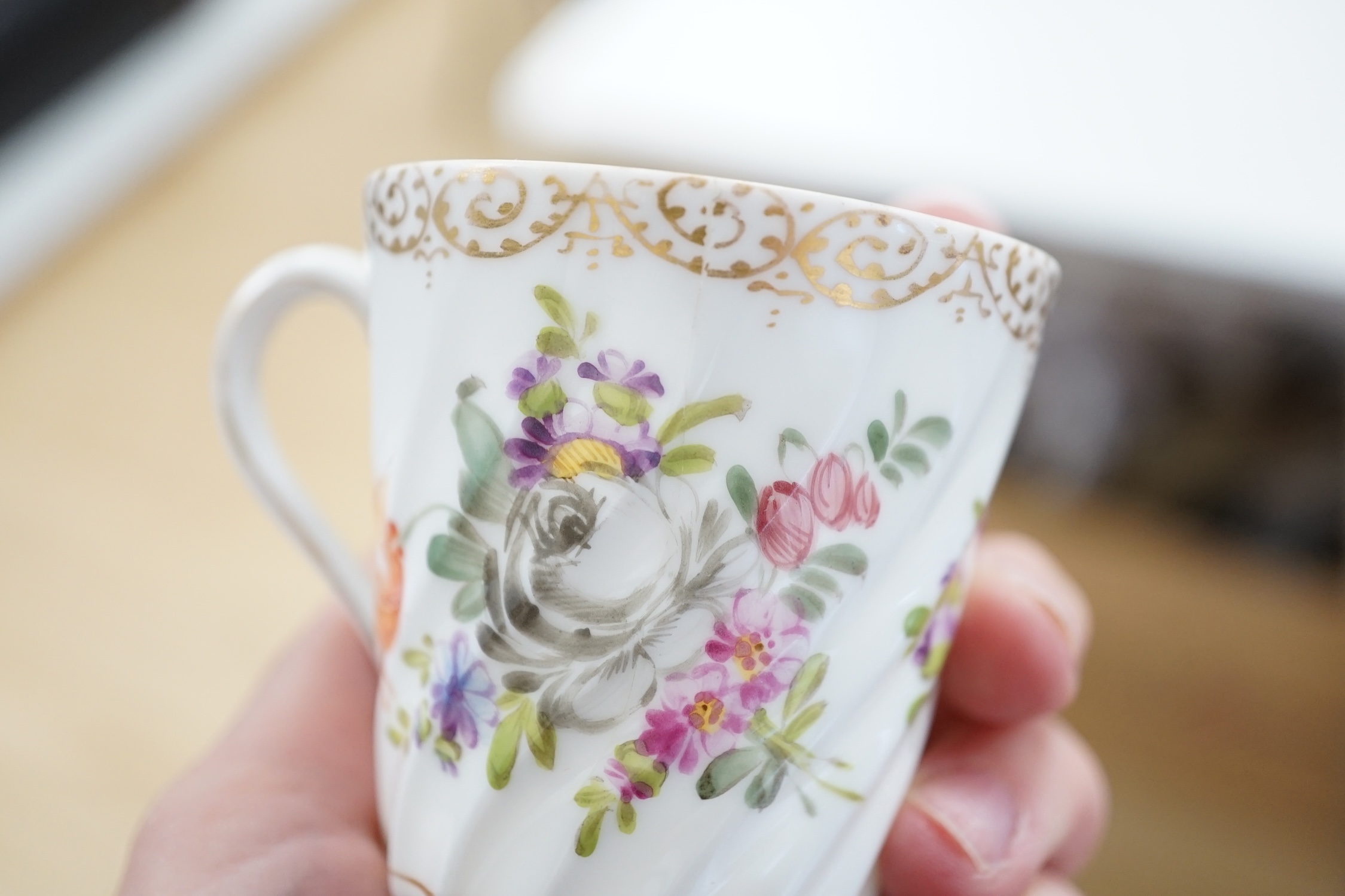 A Dresden floral painted tray and other coffee wares, 39cm diameter. Condition - poor to fair